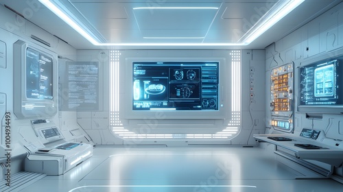 Minimalistic white control room with holograms displaying real-time food quality stats, futuristic AI interfaces, blue and white lights, 3D model style, high-resolution