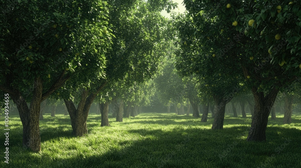 A sunlit grove of trees with green grass and fog in the background. A sunlit grove of trees with green grass and fog in the background.