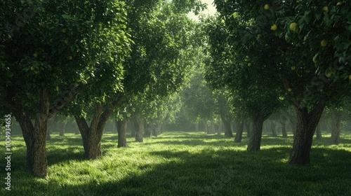 A sunlit grove of trees with green grass and fog in the background.