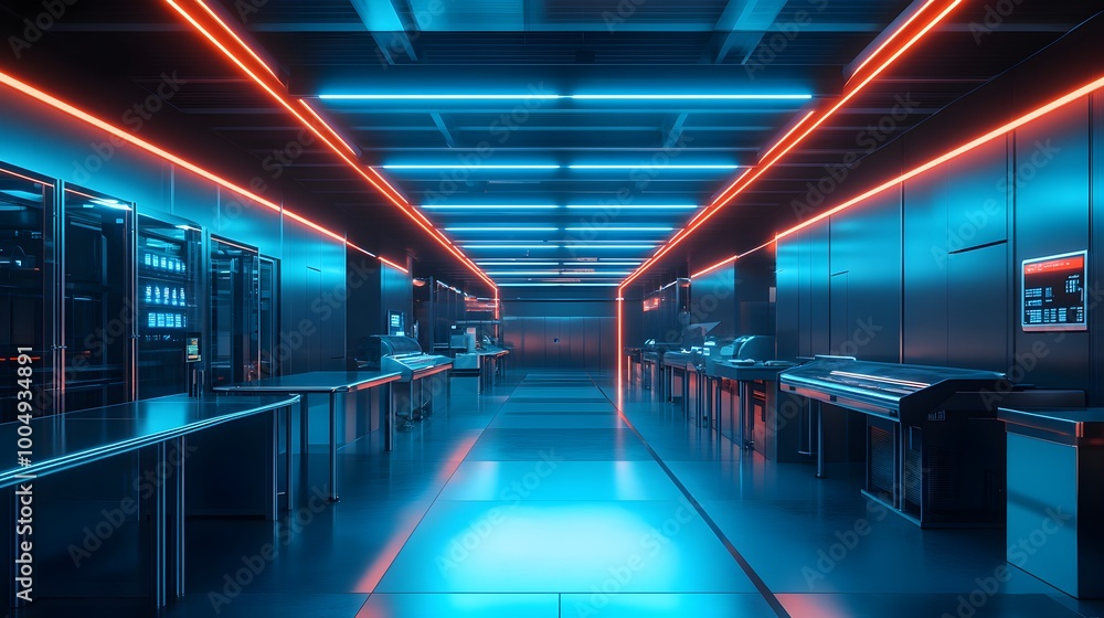 AI-driven quality control station in a food factory, scanning food with lasers and sensors for safety checks, sleek metal surfaces, neon blue lighting, hyper-realistic 3D render AI-driven quality control station in a food factory, scanning food with lasers and sensors for safety checks, sleek metal surfaces, neon blue lighting, hyper-realistic 3D render
