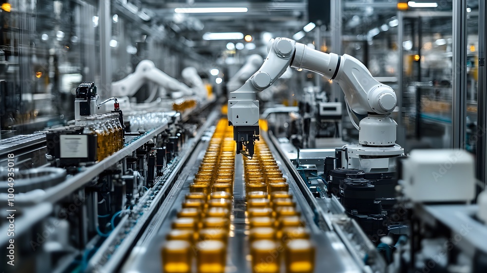 Modern food processing facility, robotic arms conducting quality assurance, seamless workflow, precision engineering, highly automated assembly line Modern food processing facility, robotic arms conducting quality assurance, seamless workflow, precision engineering, highly automated assembly line