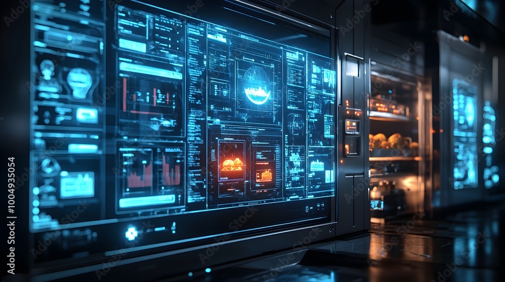 Advanced sensors over a moving food line, real-time holographic data on temperature and product safety, Cyberpunk, Dark background, Neon blue accents, Digital sketch