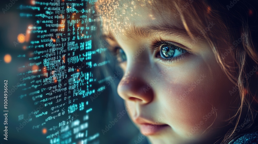 Little girl with digital code data overlay, cyberspace and information technology of the future. Ai education and cybersecurity Little girl with digital code data overlay, cyberspace and information technology of the future. Ai education and cybersecurity
