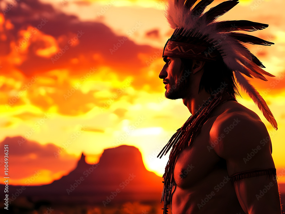 A bold Apache warrior, adorned with traditional attire and feathers, standing against the backdrop of a breathtaking sunset as he prepares for battle. Apache warrior at sunset.
A bold Apache warrior, adorned with traditional attire and feathers, standing against the backdrop of a breathtaking sunset as he prepares for battle. Apache warrior at sunset.