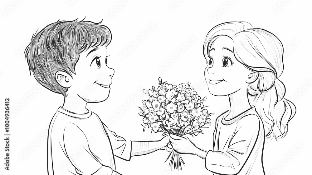 Line art mother's day scene. a boy with a smile on his face gives a bouquet of flowers to his mom. Line Art. Illustration Line art mother's day scene. a boy with a smile on his face gives a bouquet of flowers to his mom. Line Art. Illustration