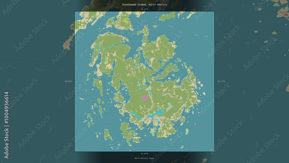 Naklejka premium Vinalhaven Island, United States, highlighted and labelled. Topo Humanitarian