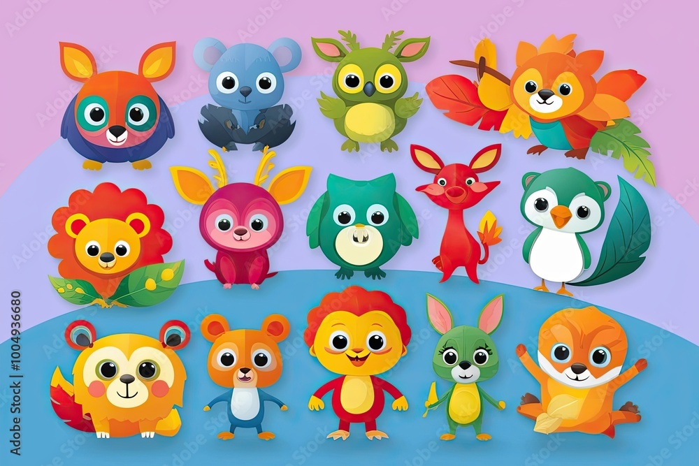 Naklejka premium Vibrant Cartoon Icons for Kids Showcasing Whimsical Animals and Lively Characters