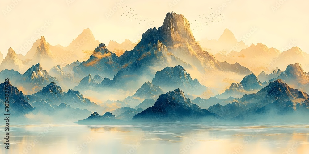 Fototapeta premium A breathtaking view of a mountain range at sunrise, with layers of fog creating a mystical atmosphere.