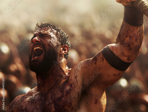 A fierce gladiator, covered in dirt and sweat, raising his sword in victory as the crowds roar in approval after a hard-fought battle. Gladiator victorious in the arena.


 photo