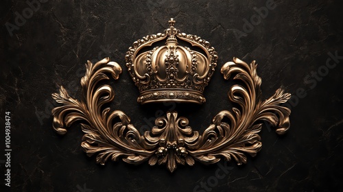 Gold crown and ornate scrollwork on a black background.