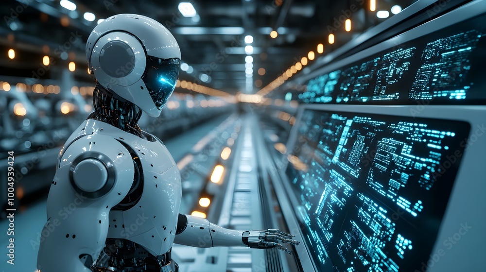 AI-powered robots inspect food production lines, holographic data displays glowing in the background, surrounded by sleek machinery, Futuristic, Neon Lighting, 3D Render AI-powered robots inspect food production lines, holographic data displays glowing in the background, surrounded by sleek machinery, Futuristic, Neon Lighting, 3D Render