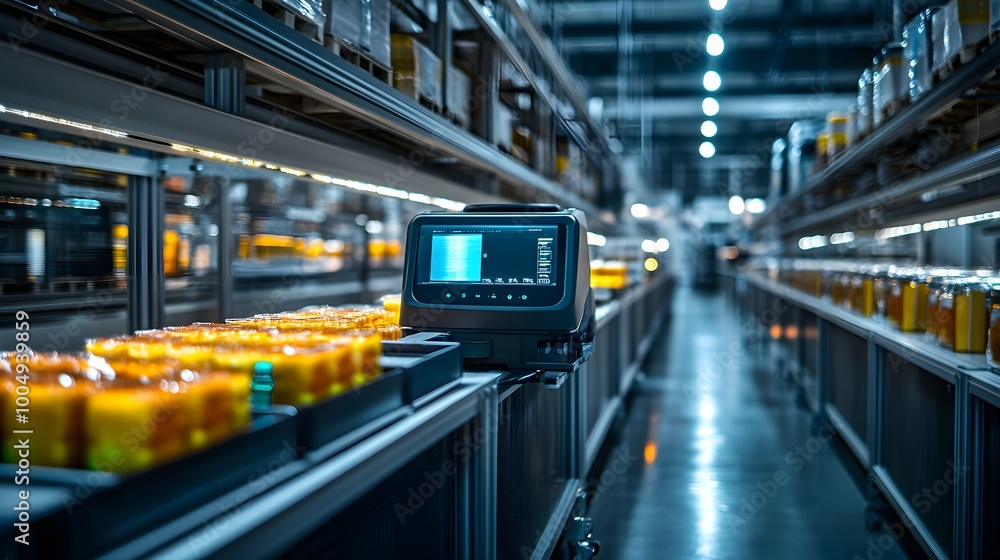 Advanced food manufacturing robots in a bright industrial factory, leveraging light sensors to detect faults in packaged goods, surrounded by glowing displays Advanced food manufacturing robots in a bright industrial factory, leveraging light sensors to detect faults in packaged goods, surrounded by glowing displays