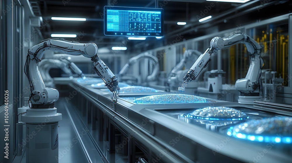Fototapeta premium Rows of robotic arms testing food samples, holographic contamination detectors hovering above, sterile, high-tech factory, white walls, blue glowing interfaces, 3D render
