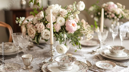 A beautifully set dining table for a wedding adorned with elegant floral arrangements fine china and soft glowing candles creating a romantic atmosphere for the celebration