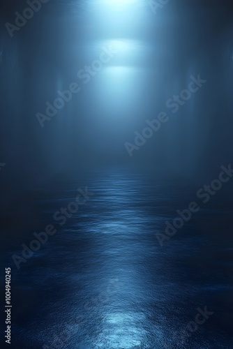 A serene scene of a calm sea at night, illuminated by a bright moon, with the blue light reflecting off the water.