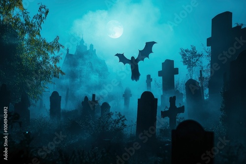 Halloween background with cute ghost flying at night in cemetery between gravestones under the blue light of the moon. Bat silhouettes. Cemetery in the fog. Halloween background - generative ai