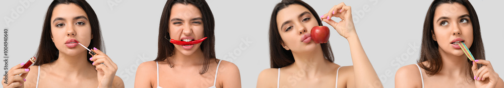 Collage of beautiful young woman with puffy lips on light background Collage of beautiful young woman with puffy lips on light background