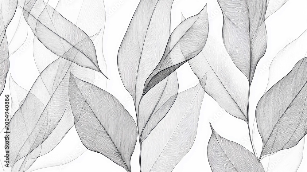 Fototapeta premium Abstract image of delicate, transparent leaves with veins visible against a white background.