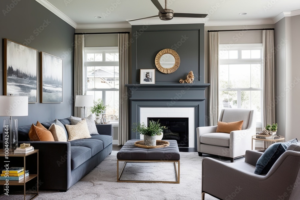 Fototapeta premium Modern Family Room Design with Grey Accent Walls and Cozy Seating Options