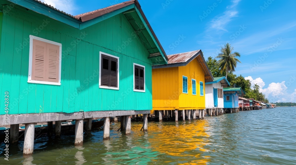 Colorful Stilt Houses on Tranquil Tropical Lagoon Colorful Stilt Houses on Tranquil Tropical Lagoon