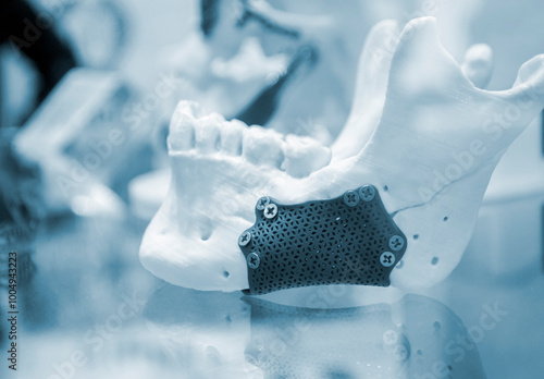 Prototype of lower human jaw with medical titanium implant from biocompatible titanium printed on 3D printer. Maxillo-facial prosthesis anatomical human bone from metal powder