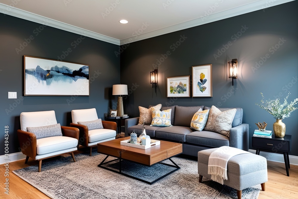 Fototapeta premium Modern Family Room Design Featuring Stylish Grey Accent Walls and Cozy Seating Solutions