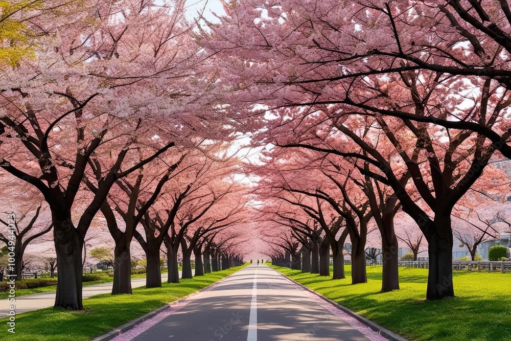 Cherry Blossom Lane Surrounded by Lush Trees and Soft Petals in a Stunning Spring Scene Cherry Blossom Lane Surrounded by Lush Trees and Soft Petals in a Stunning Spring Scene