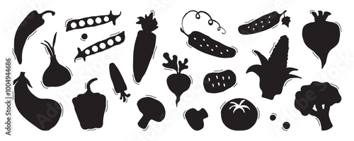 Simple vegetable icon, black silhouette, drawing salad food. Agriculture character doodle set isolated on white background. Onion, tomato, pepper, corn. Cartoon farm grocery. Naive vector illustration