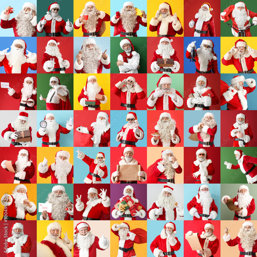 Big collage with many Santa Clauses on color background Big collage with many Santa Clauses on color background