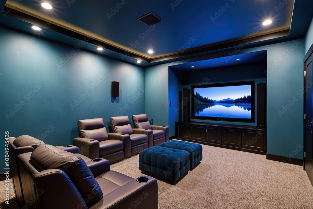 Fototapeta premium Modern Home Theater Design with Misty Blue Walls and Chic Multimedia Furniture
