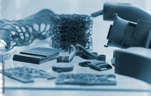 Various object printed on a 3D printer from molten plastic powder. Different model printed on 3D printer from melted black polyamide powder. New additive 3D printing Multi Jet Fusion MJF technology