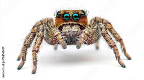 This is a beautiful white spider jumping in the middle of nature in close-up