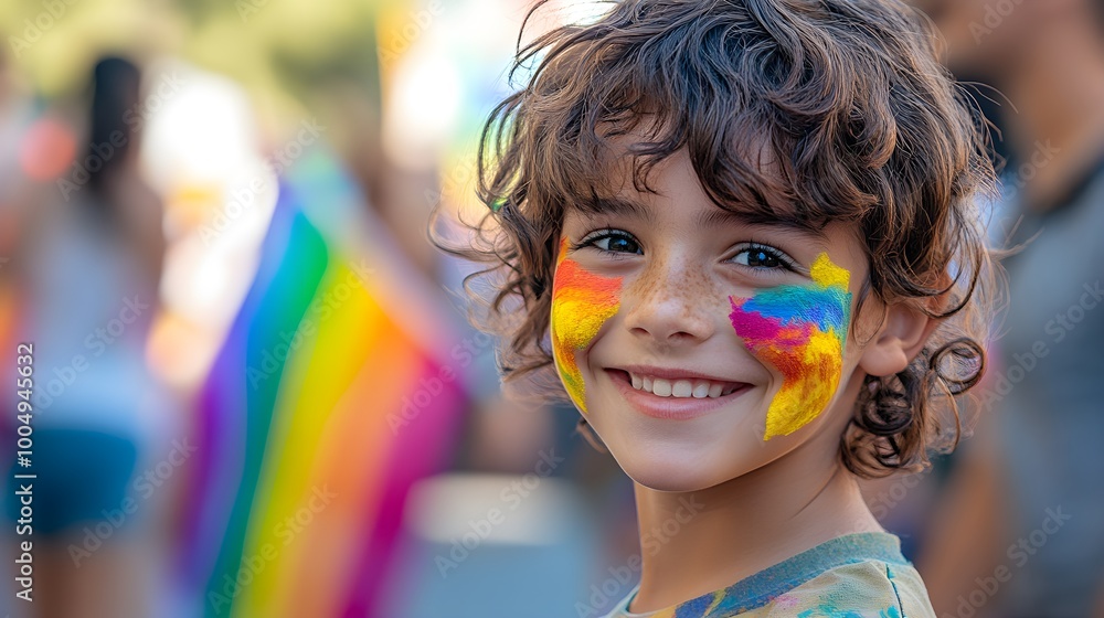 A young child with colorful tribal face paint, beaming at a pride festival, rainbow flags in the background, celebrating diversity, back-to-school joy A young child with colorful tribal face paint, beaming at a pride festival, rainbow flags in the background, celebrating diversity, back-to-school joy