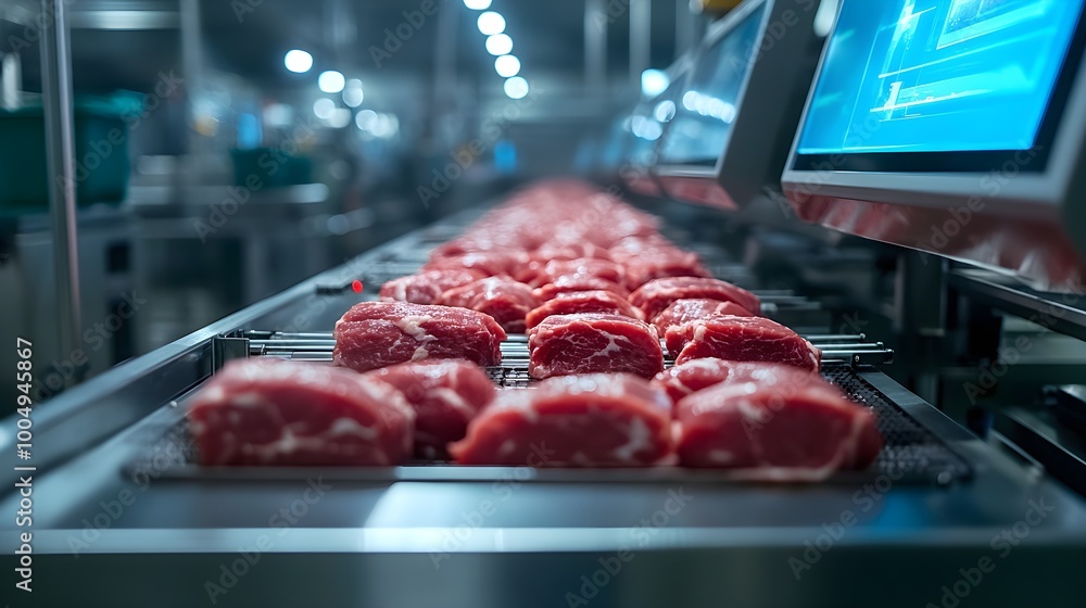 High-tech food production line creating synthetic meats, automated conveyors and digital displays for real-time monitoring of product quality, bright sterile environment High-tech food production line creating synthetic meats, automated conveyors and digital displays for real-time monitoring of product quality, bright sterile environment