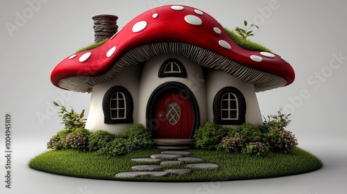 Mushroom House: A whimsical cottage built into a giant red and white mushroom. The charming home features a red door, stone path, and lush green lawn, perfect for a fairy tale setting.  photo