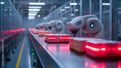 Robots in a clean futuristic food factory, utilizing light sensors to scan and verify the quality of every packaged item with surgical precision photo