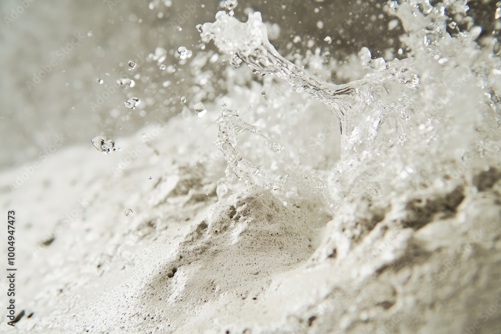 Water splashes on a white surface. A close-up image of water droplets splashing and creating a wave-like pattern, perfect for illustrating concepts like energy, nature, or purity. Water splashes on a white surface. A close-up image of water droplets splashing and creating a wave-like pattern, perfect for illustrating concepts like energy, nature, or purity.