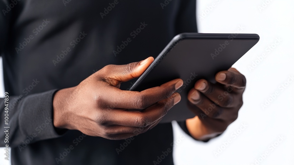 Modern Technology in Hands: Close-Up of Black Tablet Computer Held by Male | Vibrant Isolated Electronics Concept Modern Technology in Hands: Close-Up of Black Tablet Computer Held by Male | Vibrant Isolated Electronics Concept