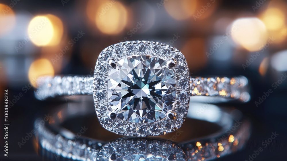 A sparkling diamond ring with a halo setting. This image is perfect for showcasing luxury jewelry or celebrating special occasions. A sparkling diamond ring with a halo setting. This image is perfect for showcasing luxury jewelry or celebrating special occasions.