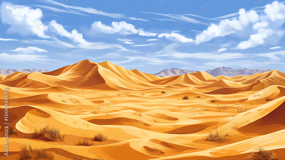 Fototapeta premium Panoramic view of sand dunes in sahara desert, morocco. sahara desert. illustration. Sand Dunes. Illustration