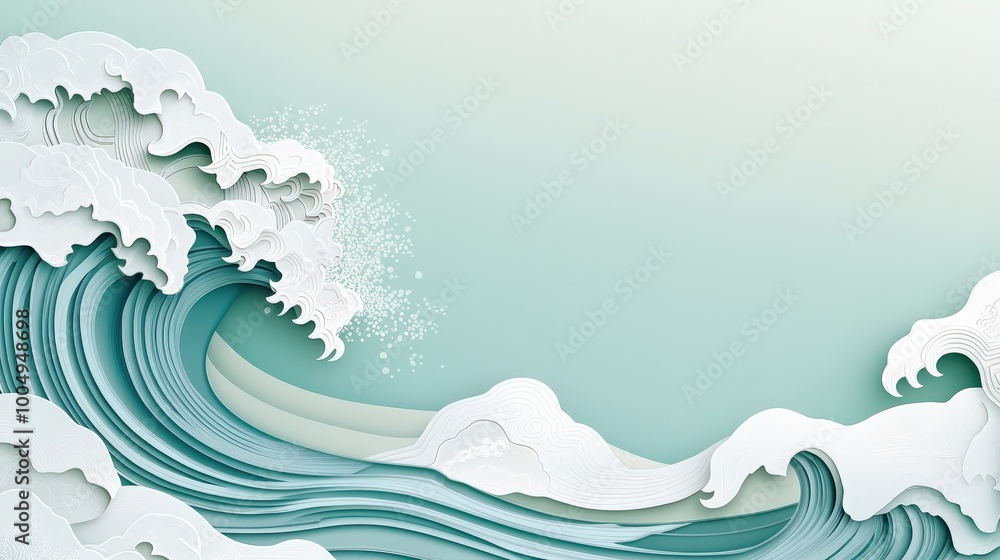 Elegant Japanese Sea Wave Vector Background with Modern Luxury Oriental Design on Mint Green Pastel - Ideal for Decor and Banners Elegant Japanese Sea Wave Vector Background with Modern Luxury Oriental Design on Mint Green Pastel - Ideal for Decor and Banners