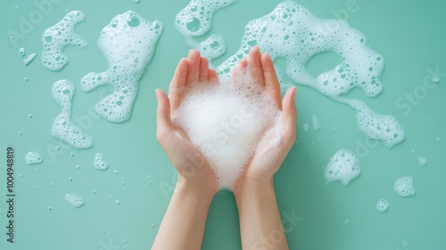 Hands cupped with foam on turquoise background. Perfect for beauty, hygiene, and skin care products.