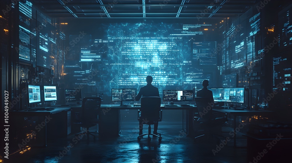 Software developers and ethical hackers collaborating on AI threat detection, surrounded by holographic displays of encrypted data in a dark futuristic office. Realistic style, neon lighting Software developers and ethical hackers collaborating on AI threat detection, surrounded by holographic displays of encrypted data in a dark futuristic office. Realistic style, neon lighting