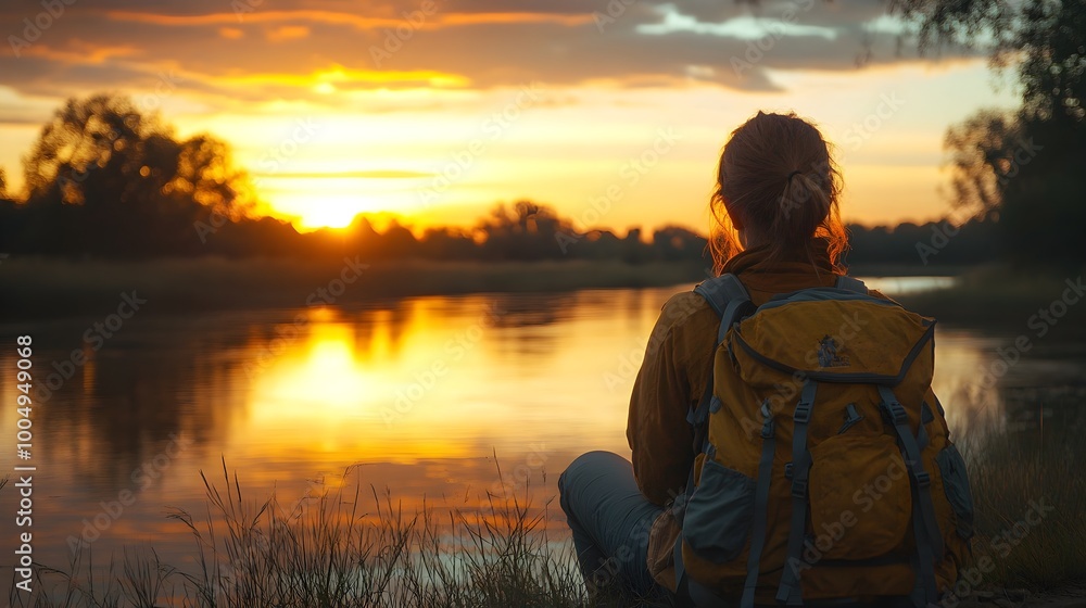 Solo adventurer resting by the riverside at dusk, glowing sunset hues on the water, nature all around, aspirational travel and freedom vibes Solo adventurer resting by the riverside at dusk, glowing sunset hues on the water, nature all around, aspirational travel and freedom vibes