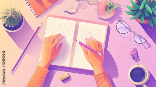 Serene Study Scene - Female Student Writing on Paper with Pencil in Soft Lavender Academic Ambiance