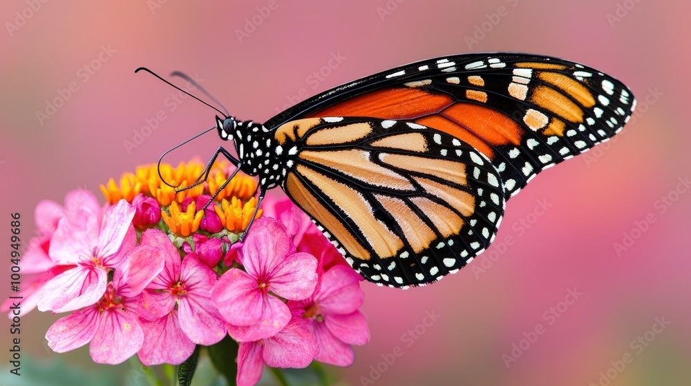 Naklejka premium Monarch Butterfly on Pink Flower Close Up Macro Photography Nature Insect Pollination