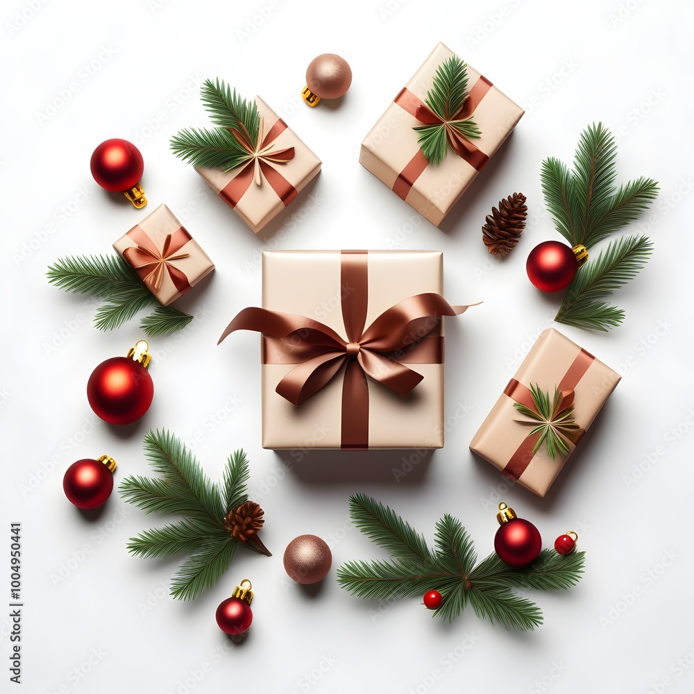 festive gift box surrounded by christmas ornaments on white backdrop festive gift box surrounded by christmas ornaments on white backdrop