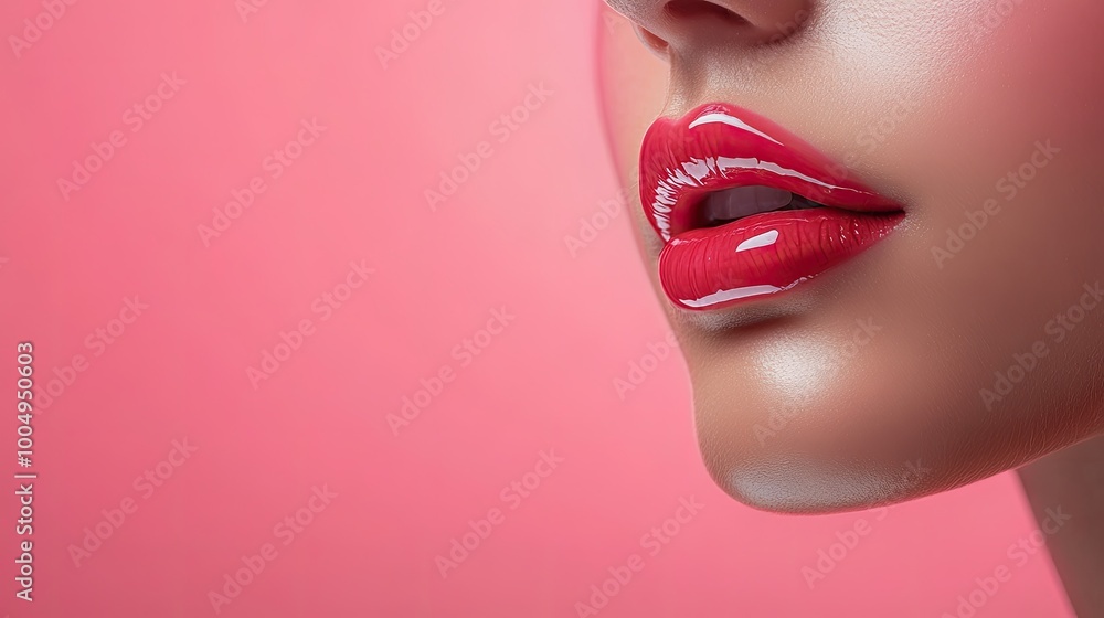Glossy red lips against pink background. Perfect for beauty, fashion, and cosmetics. Glossy red lips against pink background. Perfect for beauty, fashion, and cosmetics.