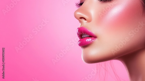 Close-up of woman's lips with pink gloss. Ideal for beauty, fashion, and makeup advertising.