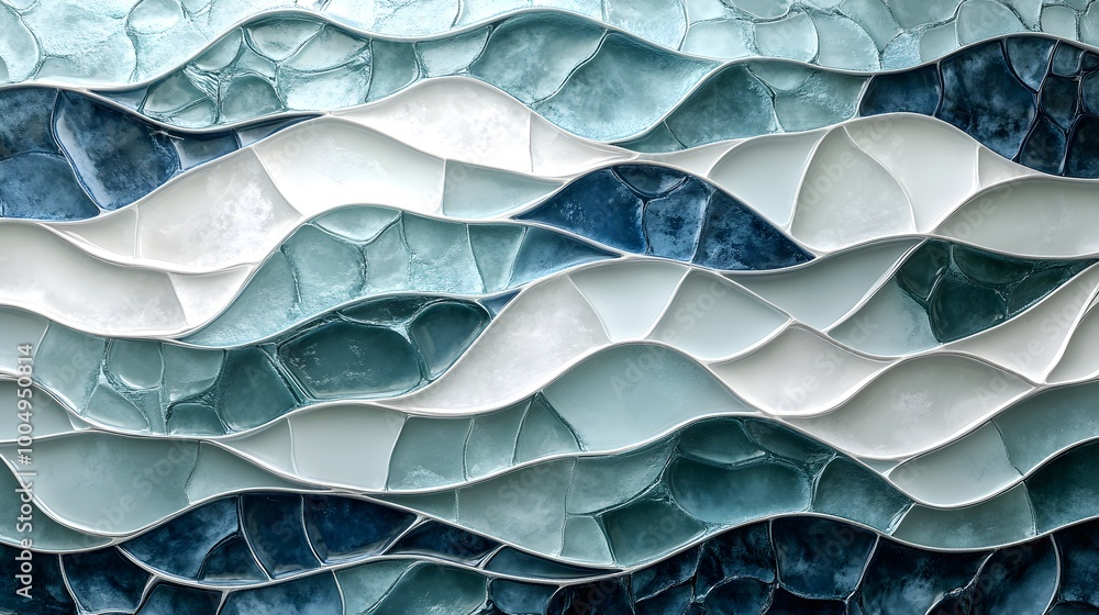 Sea glass mosaic wall with uneven tiles in pale aqua, navy, opal white, wavy texture evoking oceanic vibes, glossy finish, iridescent shine, 3D-rendered, high realism Sea glass mosaic wall with uneven tiles in pale aqua, navy, opal white, wavy texture evoking oceanic vibes, glossy finish, iridescent shine, 3D-rendered, high realism